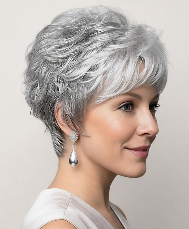 SEVENCOLORS Short Grey Wigs for White Women Pixie Cut Gray Wigs with Bangs Natural Curly Synthetic Hair Short Mixed White Wig for Older Women - Image 1